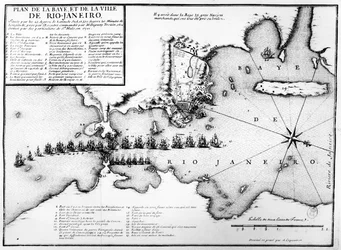 Plan van de Baai en Stad van Rio de Janeiro en de opstelling van de Franse en Portugese zeemachten tijdens de Franse aanval onder Duguay-Trouin in 1711, ca. 1730